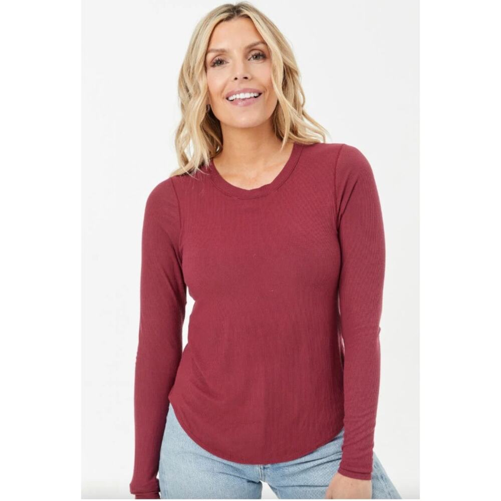 SHEBIRD Ribbed Long Sleeve Top Burgundy Scoop Neck